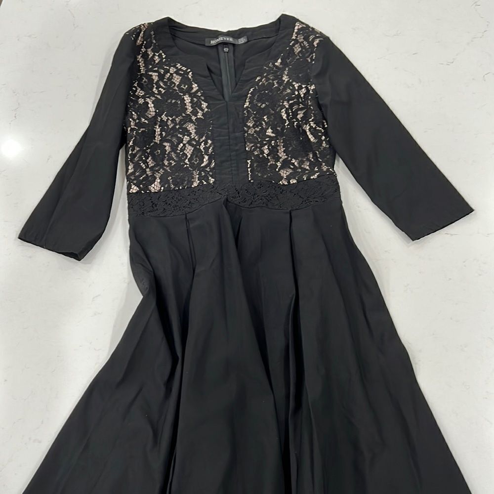 HOMEYEE Women's Chic Crew Neck 3/4 Sleeve Dress Black Lace